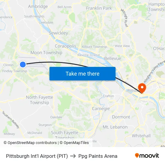 Pittsburgh Int'l Airport (PIT) to Ppg Paints Arena map