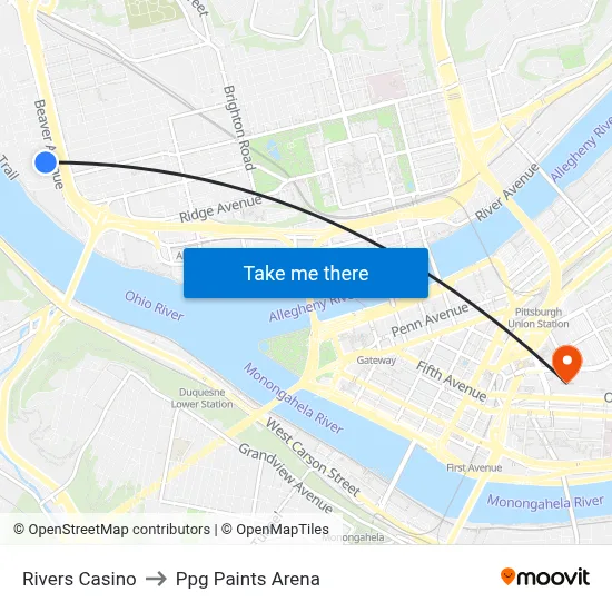 Rivers Casino to Ppg Paints Arena map