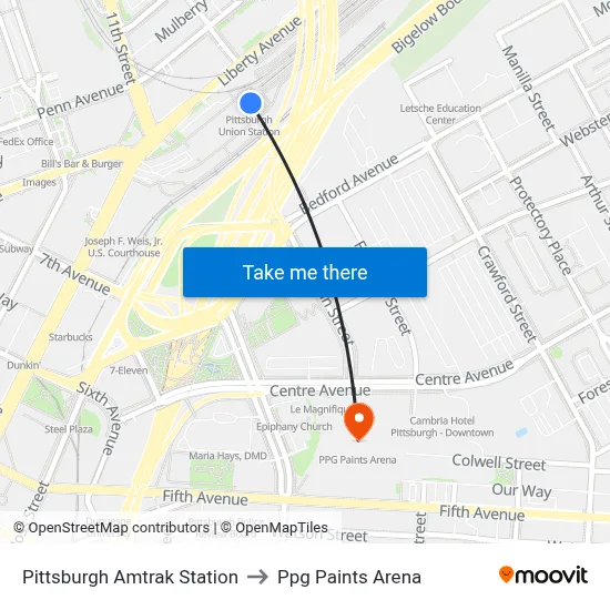 Pittsburgh Amtrak Station to Ppg Paints Arena map