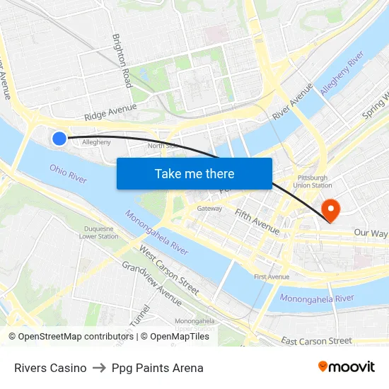 Rivers Casino to Ppg Paints Arena map
