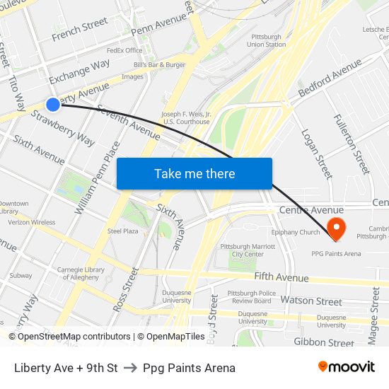 Liberty Ave + 9th St to Ppg Paints Arena map