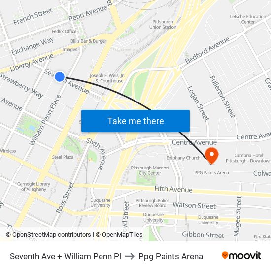 Seventh Ave + William Penn Pl to Ppg Paints Arena map