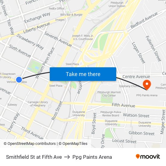 Smithfield St at Fifth Ave to Ppg Paints Arena map