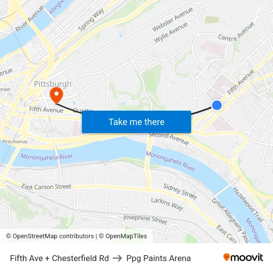 Fifth Ave + Chesterfield Rd to Ppg Paints Arena map