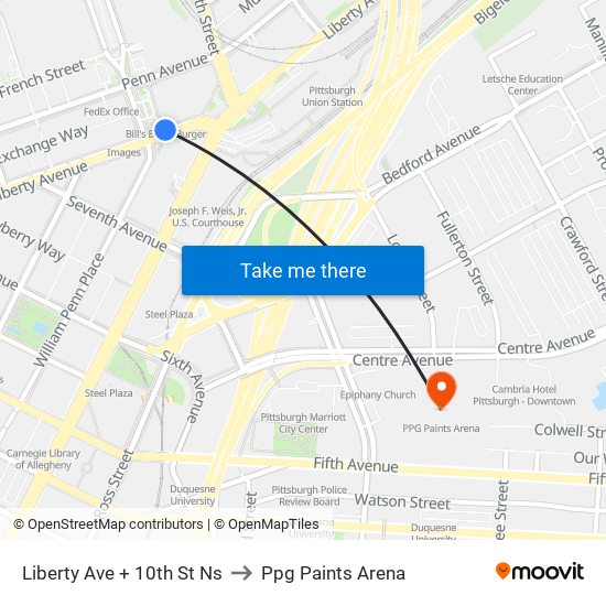 Liberty Ave + 10th St Ns to Ppg Paints Arena map