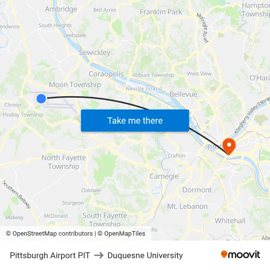 Pittsburgh Airport PIT to Duquesne University map