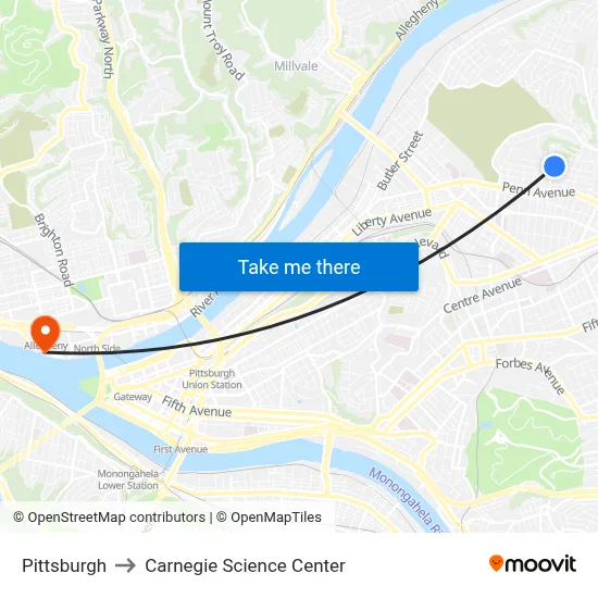 Pittsburgh to Carnegie Science Center map