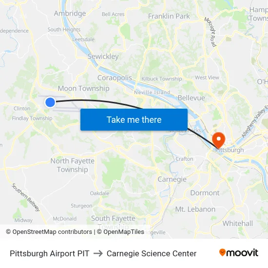 Pittsburgh Airport PIT to Carnegie Science Center map