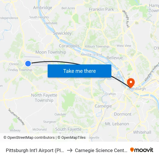 Pittsburgh Int'l Airport (PIT) to Carnegie Science Center map
