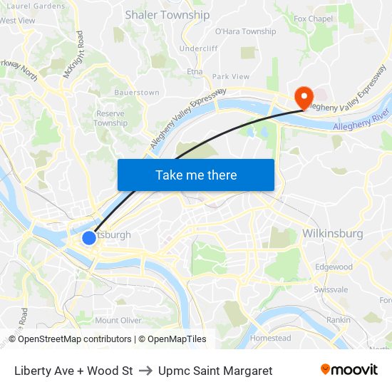 Liberty Ave + Wood St to Upmc Saint Margaret map