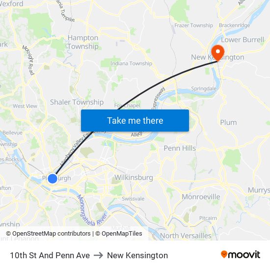 10th St And Penn Ave to New Kensington map