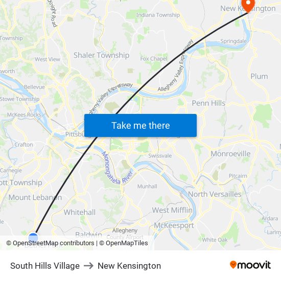 South Hills Village to New Kensington map