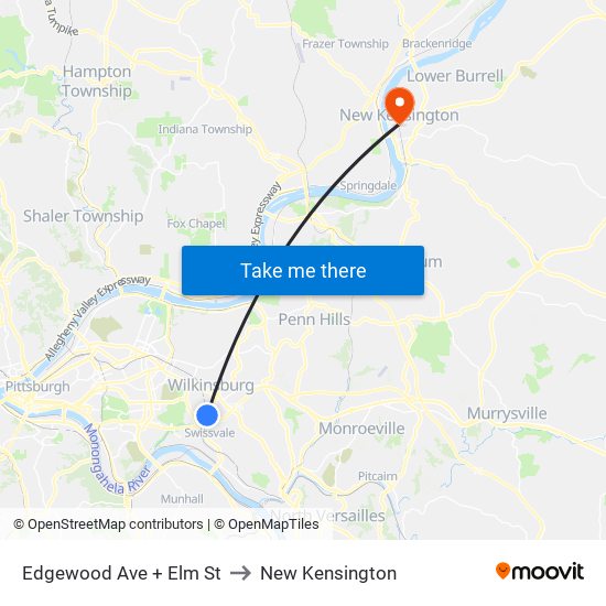 Edgewood Ave + Elm St to New Kensington map