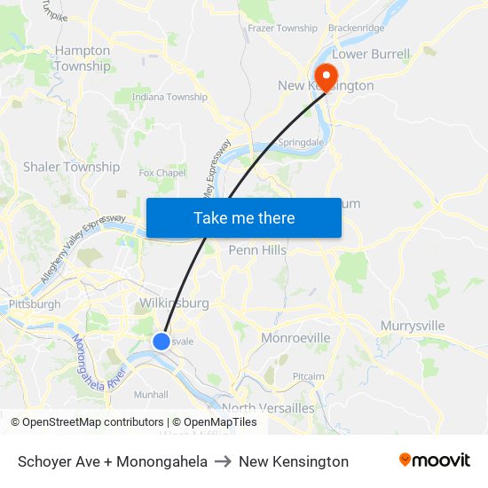 Schoyer Ave + Monongahela to New Kensington map