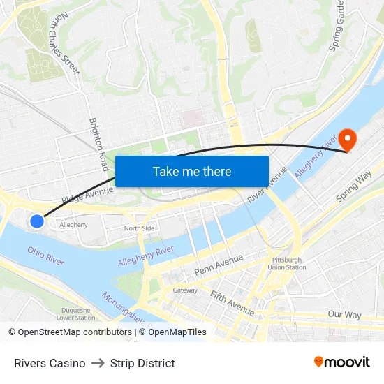 Rivers Casino to Strip District map