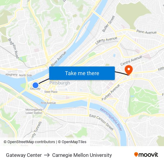 Gateway Center to Carnegie Mellon University map