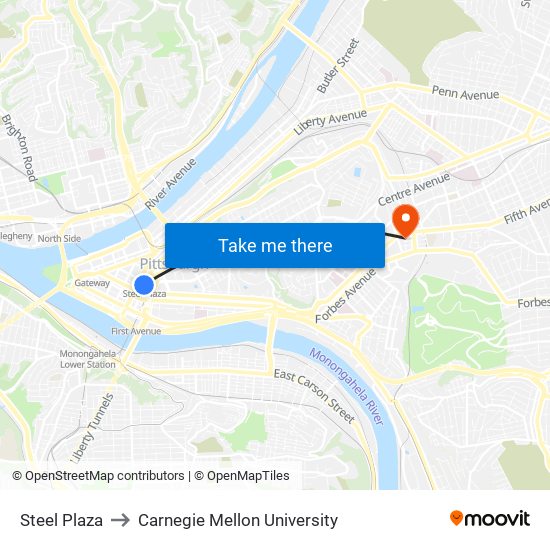 Steel Plaza to Carnegie Mellon University map