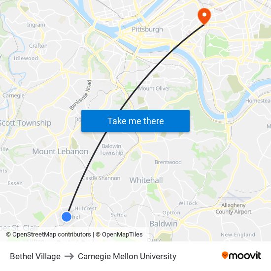 Bethel Village to Carnegie Mellon University map