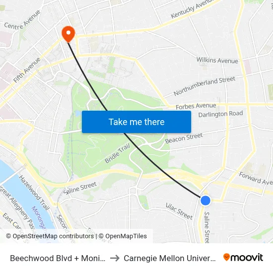 Beechwood Blvd + Monitor to Carnegie Mellon University map