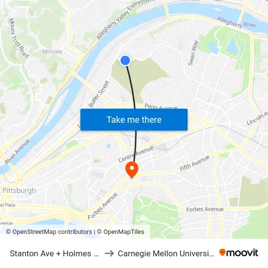 Stanton Ave + Holmes St to Carnegie Mellon University map