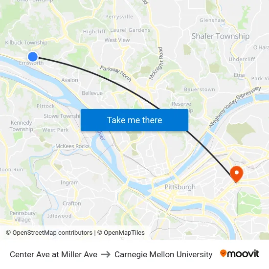 Center Ave at Miller Ave to Carnegie Mellon University map