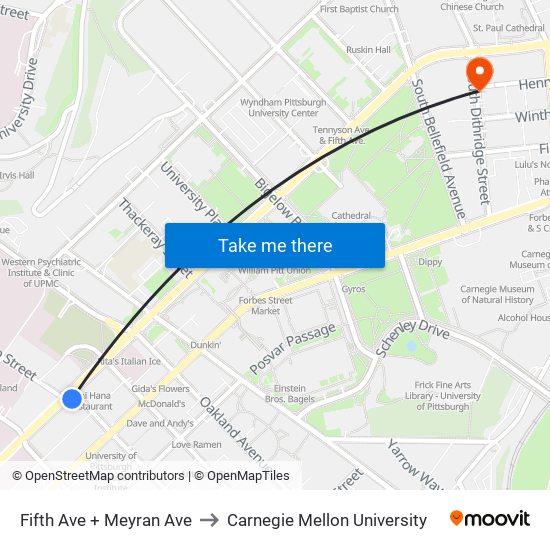 Fifth Ave + Meyran Ave to Carnegie Mellon University map