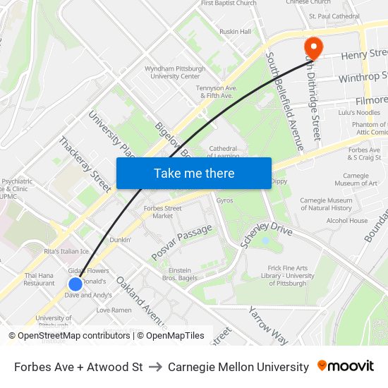 Forbes Ave + Atwood St to Carnegie Mellon University map