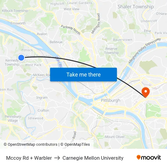 Mccoy Rd + Warbler to Carnegie Mellon University map