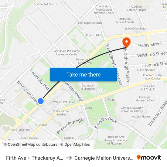 Fifth Ave + Thackeray Ave to Carnegie Mellon University map