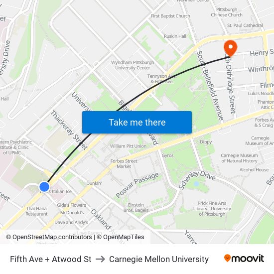 Fifth Ave + Atwood St to Carnegie Mellon University map