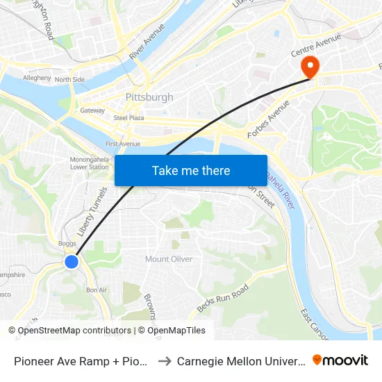 Pioneer Ave Ramp + Pioneer to Carnegie Mellon University map