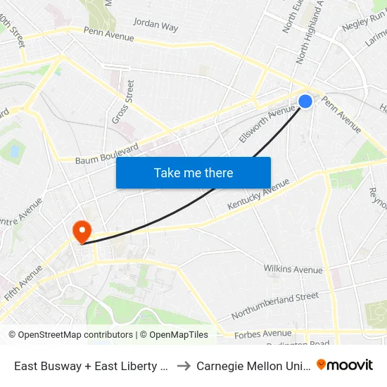 East Busway + East Liberty Station C to Carnegie Mellon University map