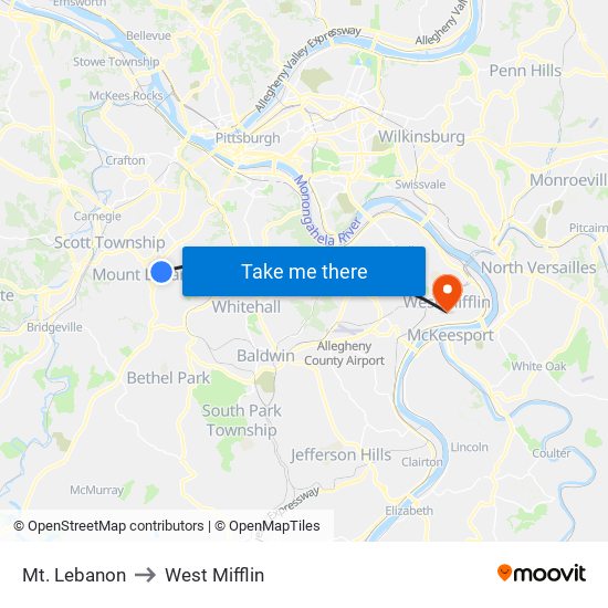 Mt. Lebanon to West Mifflin map