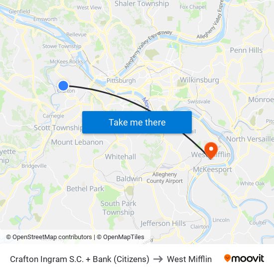 Crafton Ingram S.C. + Bank (Citizens) to West Mifflin map