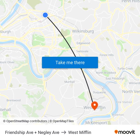 Friendship Ave + Negley Ave to West Mifflin map