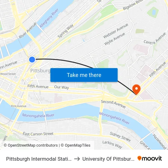 Pittsburgh Intermodal Station to University Of Pittsburgh map