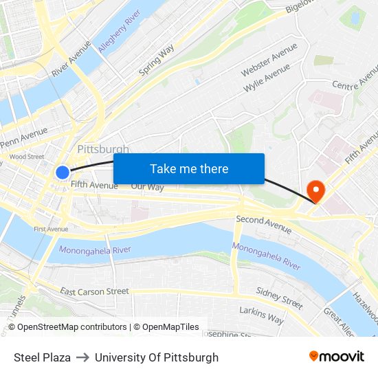 Steel Plaza to University Of Pittsburgh map