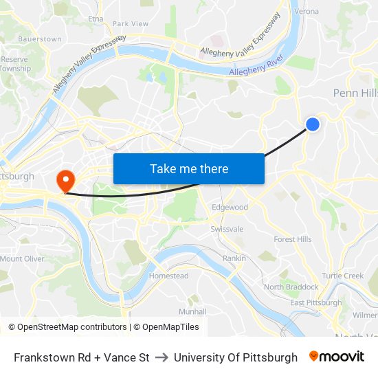 Frankstown Rd + Vance St to University Of Pittsburgh map