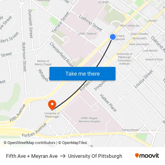 Fifth Ave + Meyran Ave to University Of Pittsburgh map