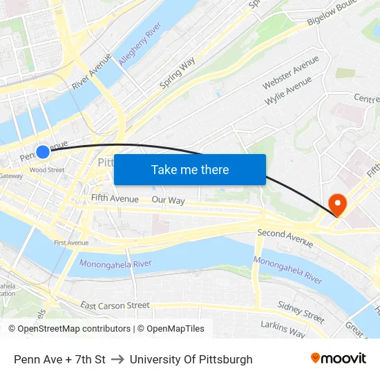 Penn Ave + 7th St to University Of Pittsburgh map