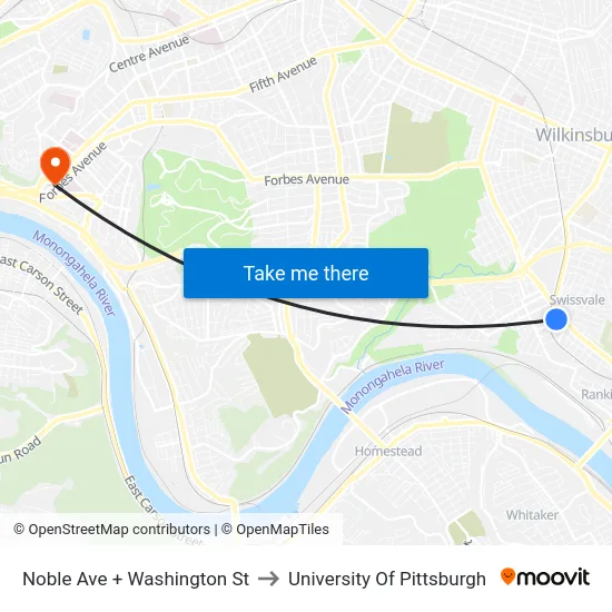 Noble Ave + Washington St to University Of Pittsburgh map