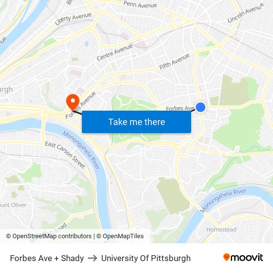 Forbes Ave + Shady to University Of Pittsburgh map