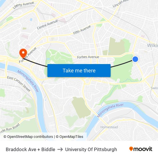 Braddock Ave + Biddle to University Of Pittsburgh map