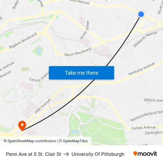 Penn Ave at S St. Clair St to University Of Pittsburgh map