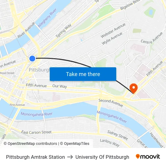 Pittsburgh Amtrak Station to University Of Pittsburgh map