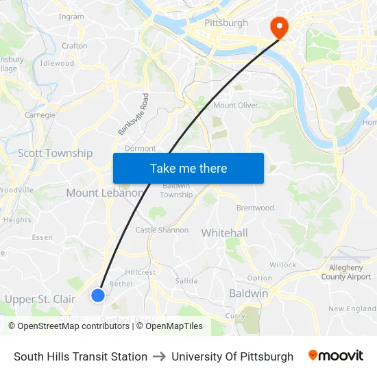South Hills Transit Station to University Of Pittsburgh map