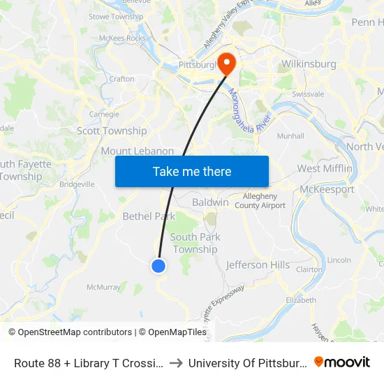 Route 88 + Library T Crossing to University Of Pittsburgh map