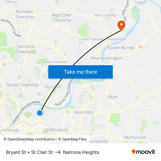 Bryant St + St Clair St to Natrona Heights map