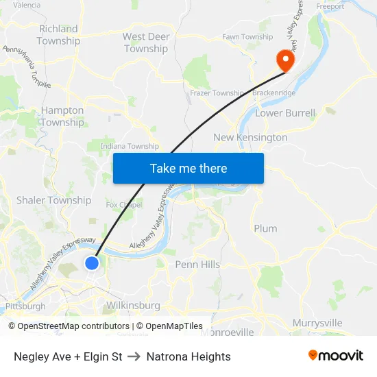 Negley Ave + Elgin St to Natrona Heights map