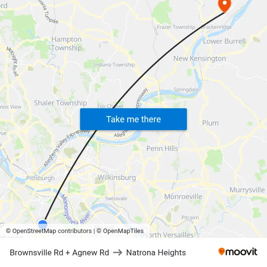 Brownsville Rd + Agnew Rd to Natrona Heights map